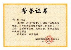 鹭达眼镜张敏店长荣获厦门市“优秀志愿者”称